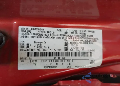 2018 Ford Focus Sel z USA, uszkodzony, nr VIN 1FADP3M22JL243650